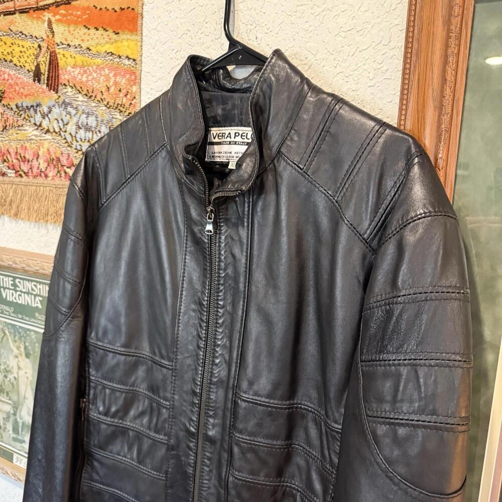 Vintage 80s‎ RARE Vera Pelle Italian Black Leather Bomber Jacket Size Women’s XL - Picture 3 of 7